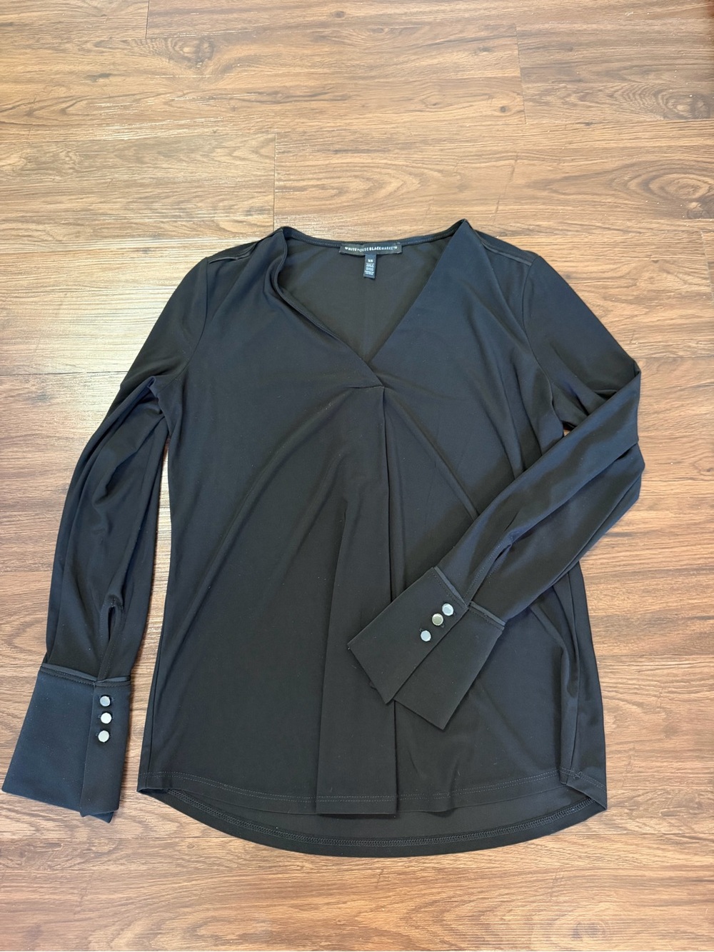 White House Black Market Black V-Neck Long-Sleeve Blouse with Button Cuffs - XS